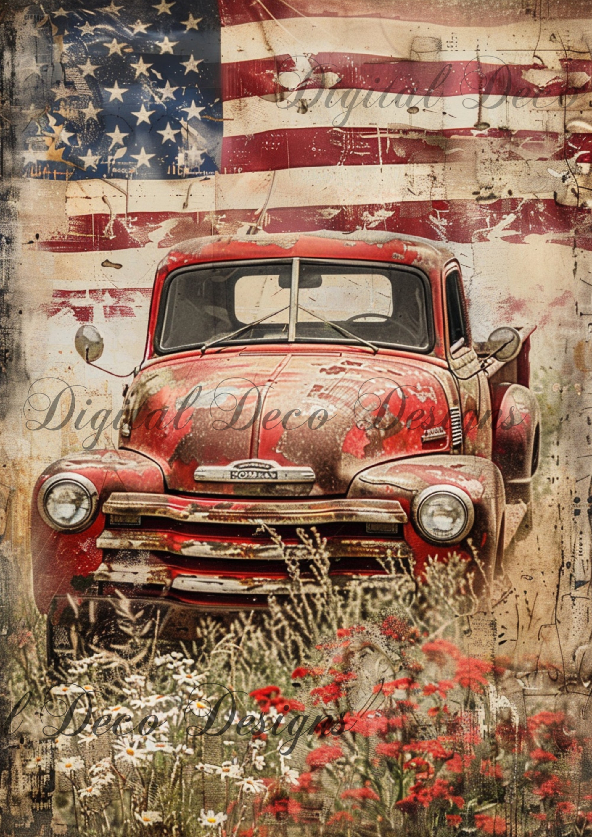 American Grunge Red Truck A3 Sized (Print Only) (#F065)