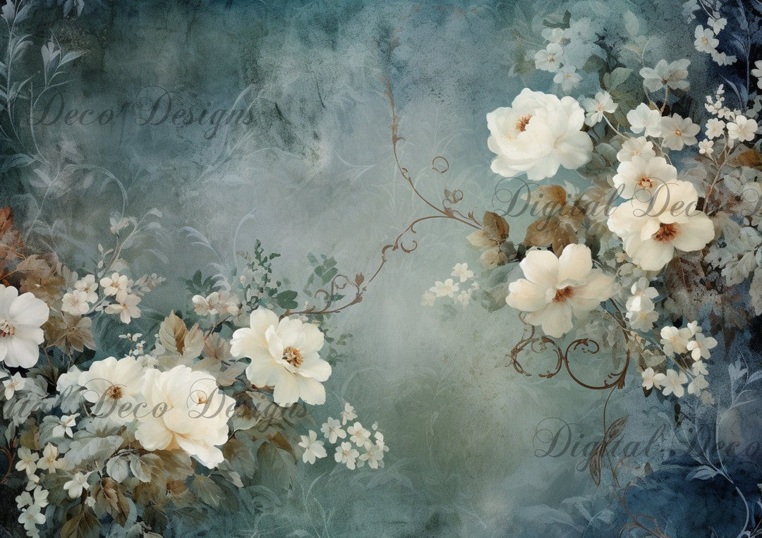 Blue and Gold White Flower Paper Background (#A033)-Digital Deco Designs