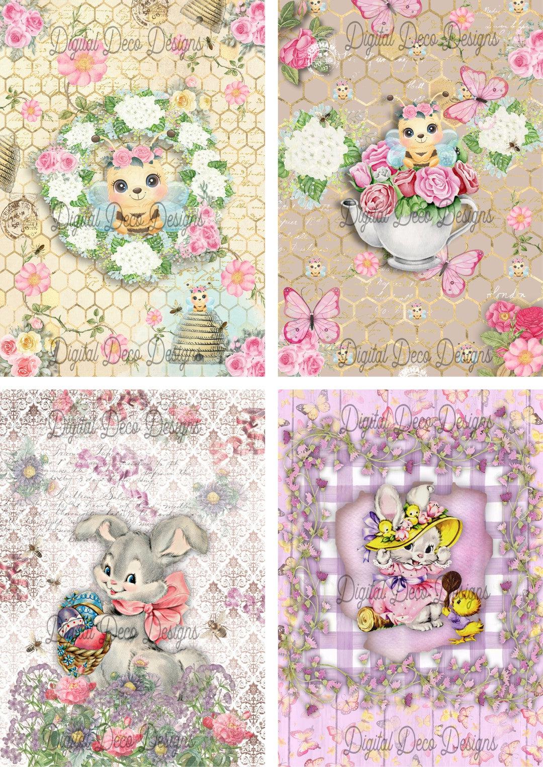 Bees and Bunnies 4 Collage Sheet (#A025)-Digital Deco Designs