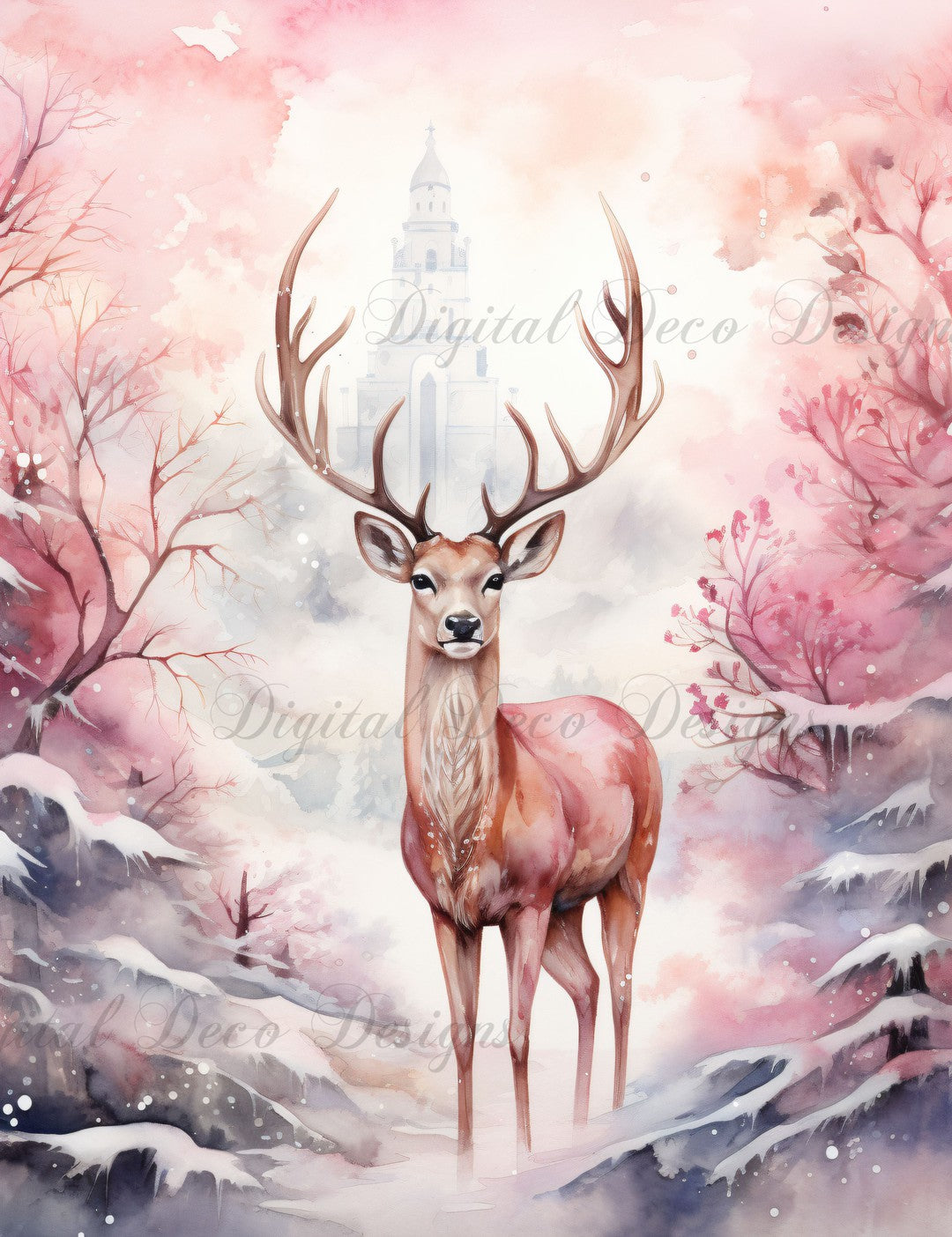 Pink Christmas Wonderland Reindeer 11 (#H064)-Digital Deco Designs
