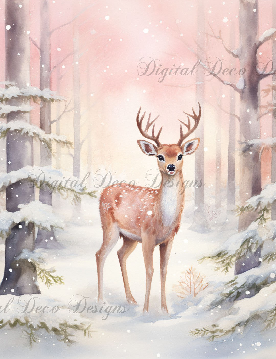 Pink Christmas Wonderland Reindeer 1 (#H054)-Digital Deco Designs