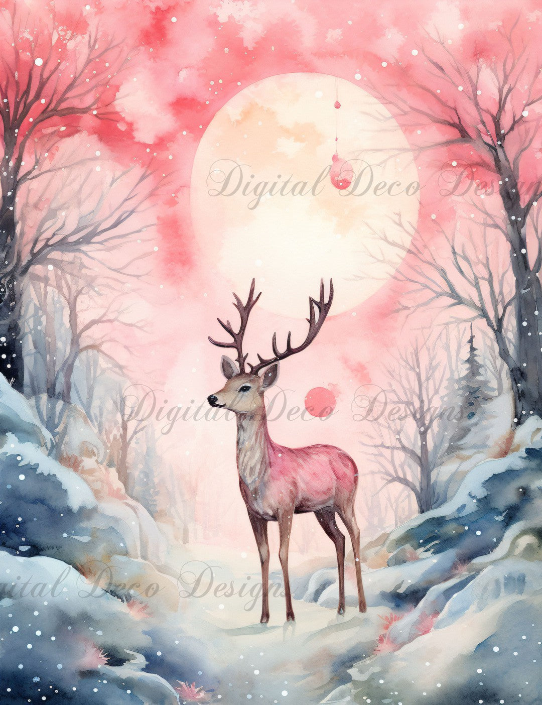 Pink Christmas Wonderland Reindeer 6 (#H059)-Digital Deco Designs