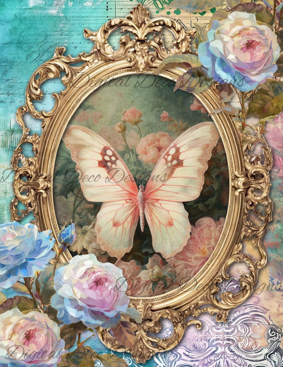 Dreamy Floral Butterfly 2 (Print Only) (#G095)-Decoupage Paper