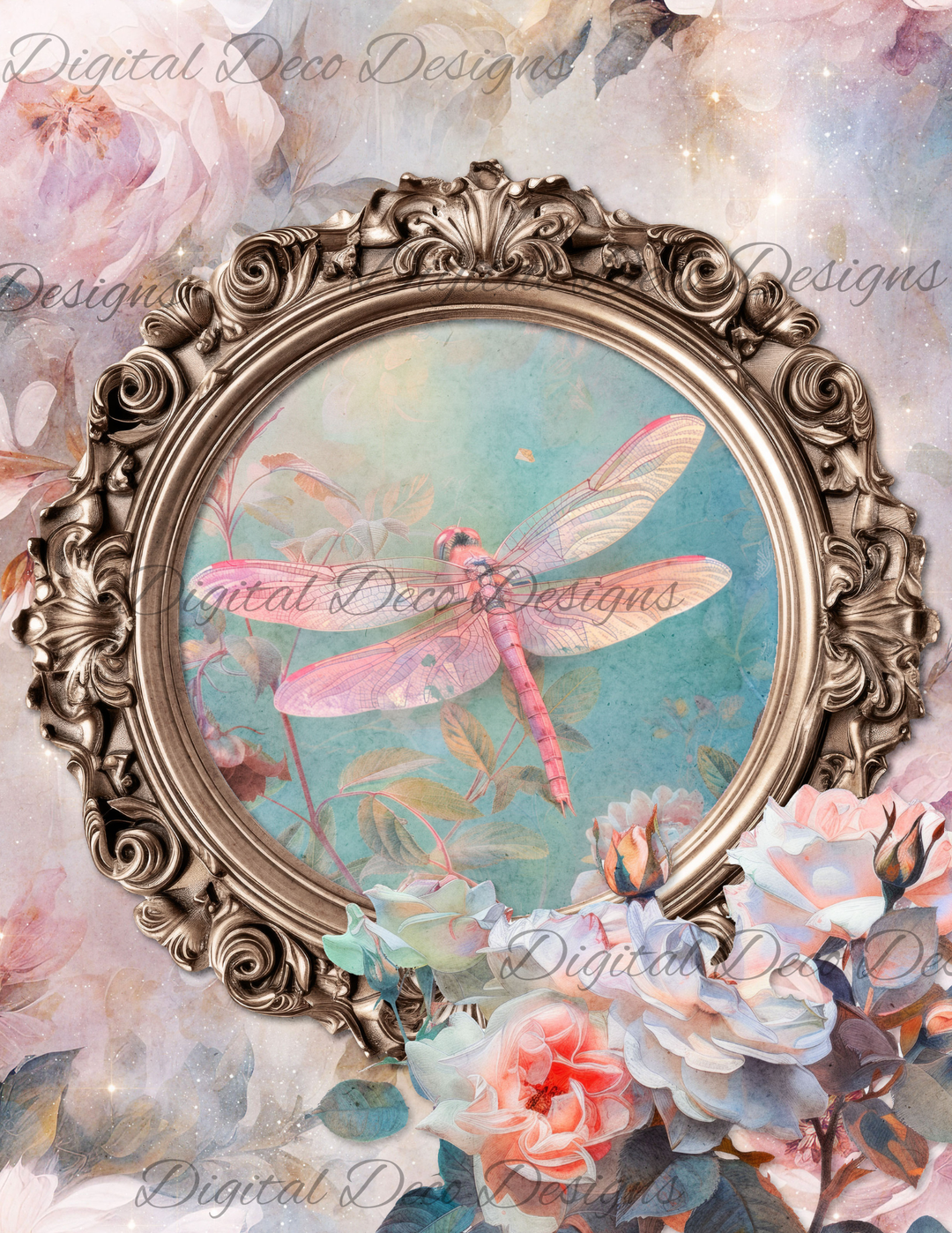 Dreamy Floral Dragonfly 1 (Print Only) (#H002)-Digital Deco Designs