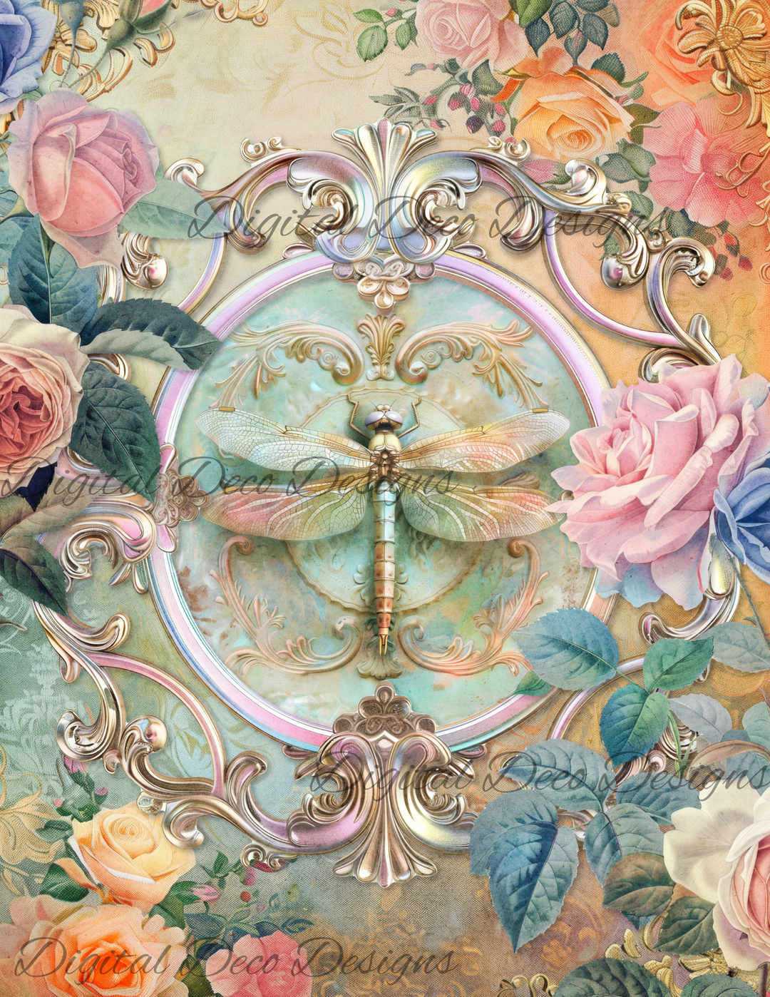 Dreamy Floral Dragonfly 3 (Print Only) (#H004)-Decoupage Paper