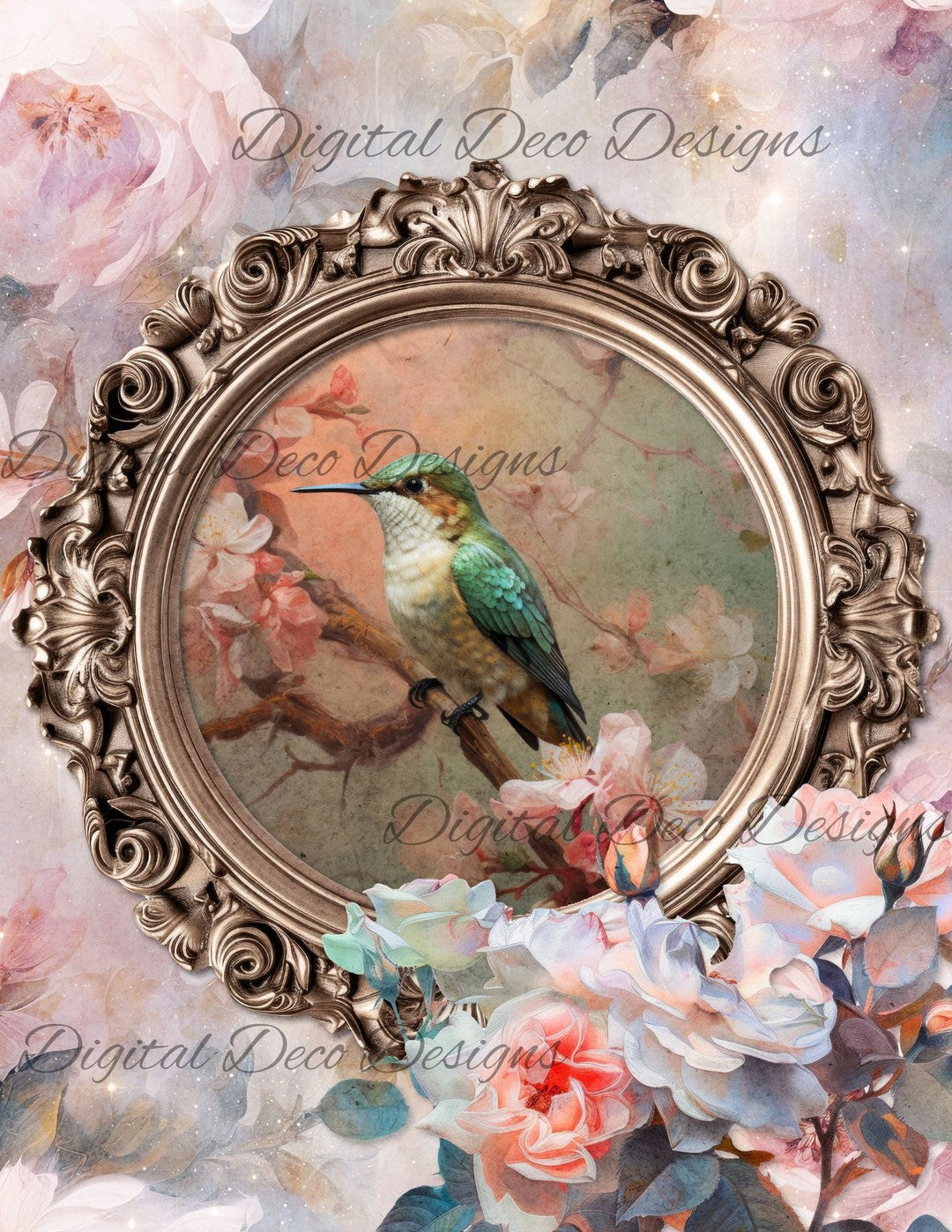 Dreamy Floral Hummingbird 1 (Print Only) (#H010)-Digital Deco Designs