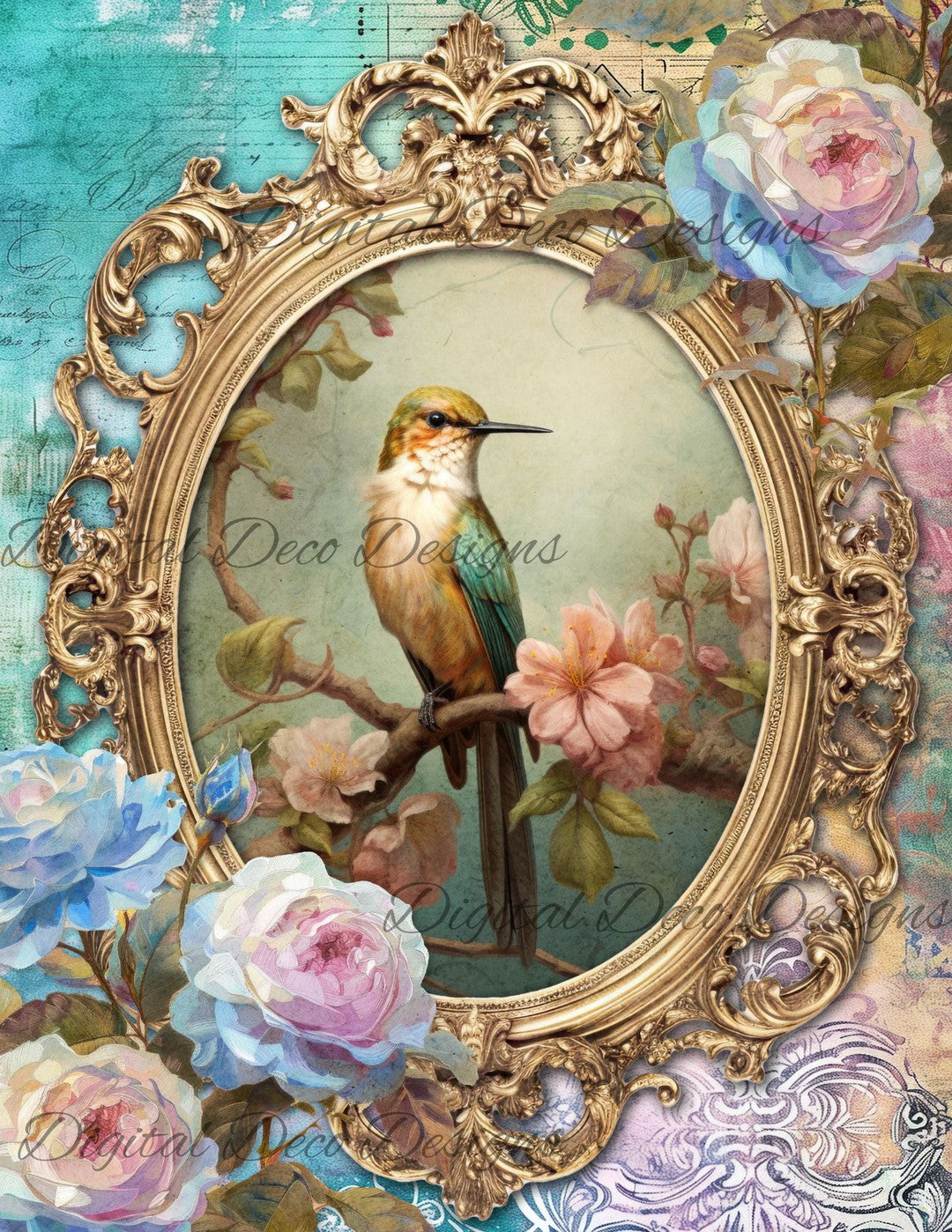 Dreamy Floral Hummingbird 2 (Print Only) (#H011)-Digital Deco Designs