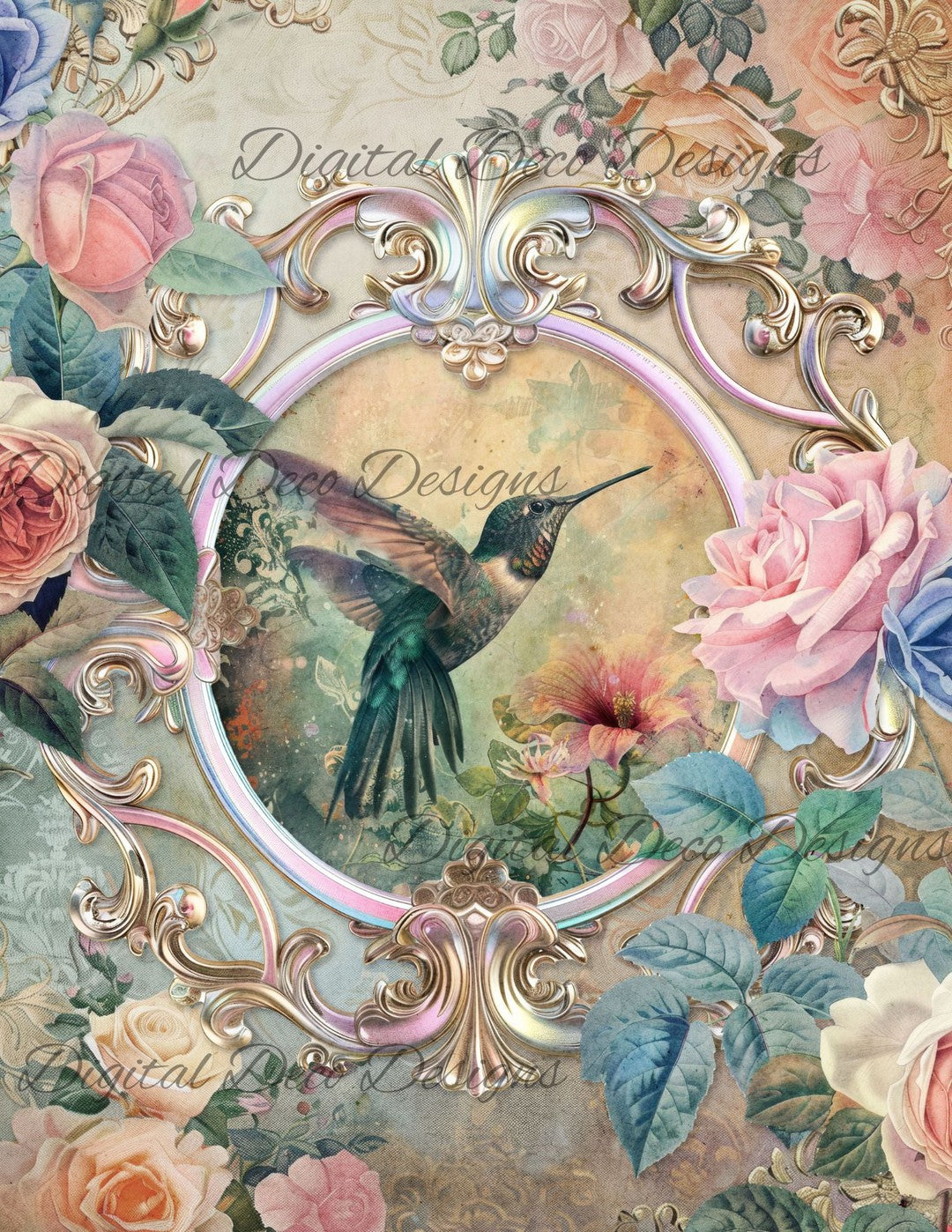 Dreamy Floral Hummingbird 3 (Print Only) (#H012)-Digital Deco Designs