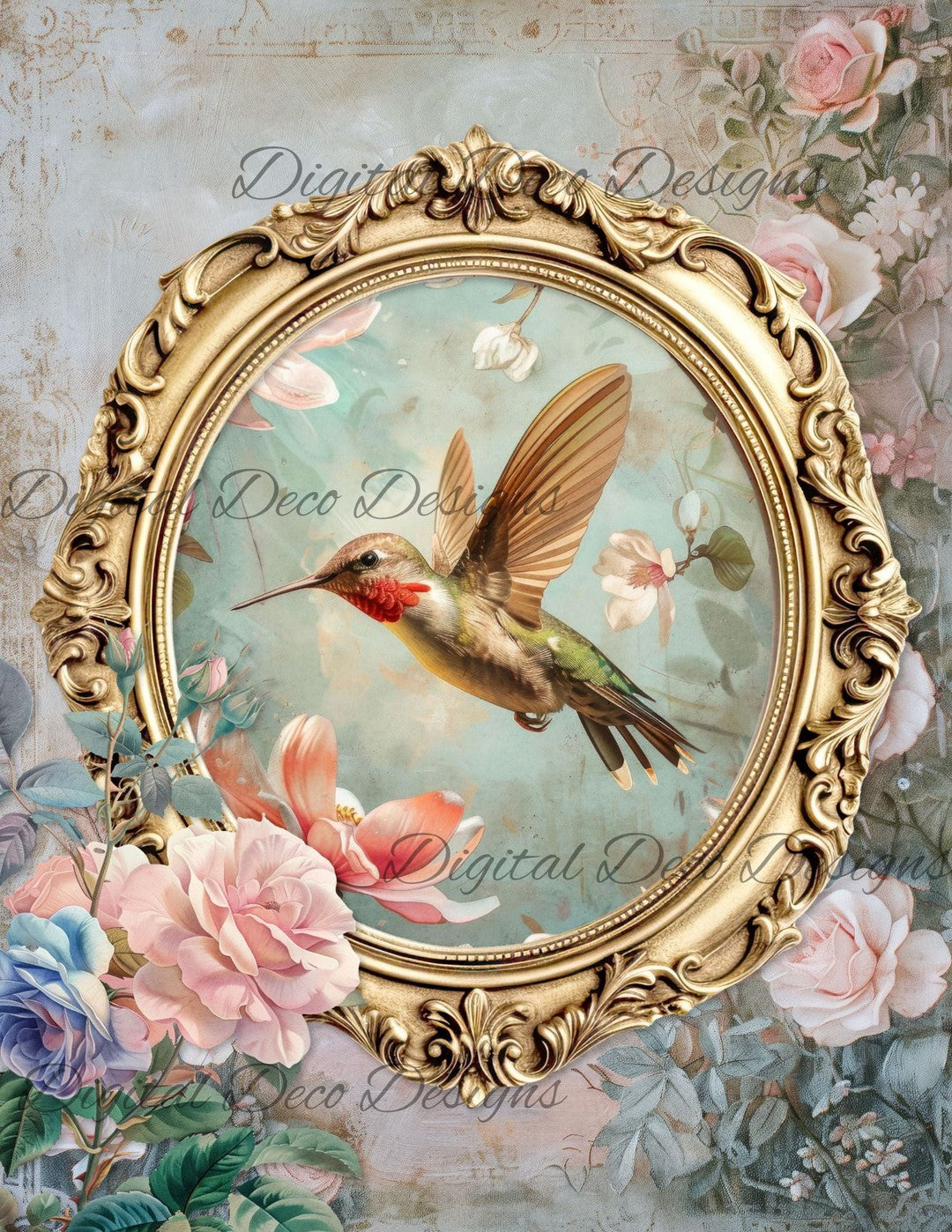 Dreamy Floral Hummingbird 4 (Print Only) (#H013)-Digital Deco Designs