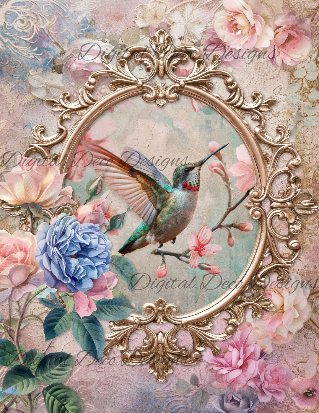 Dreamy Floral Hummingbird 5 (Print Only) (#H014)-Digital Deco Designs