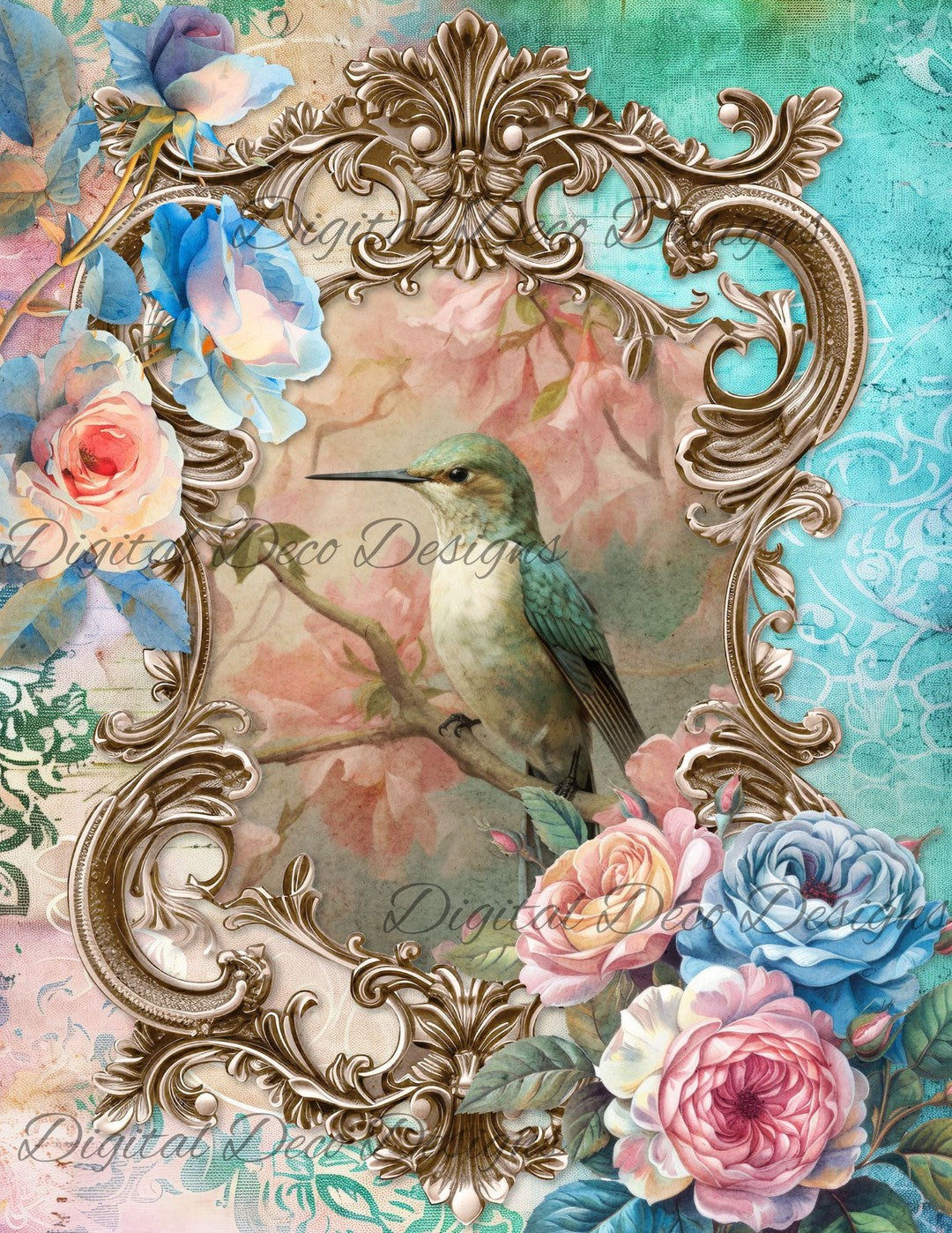 Dreamy Floral Hummingbird 7 (Print Only) (#H016)-Digital Deco Designs