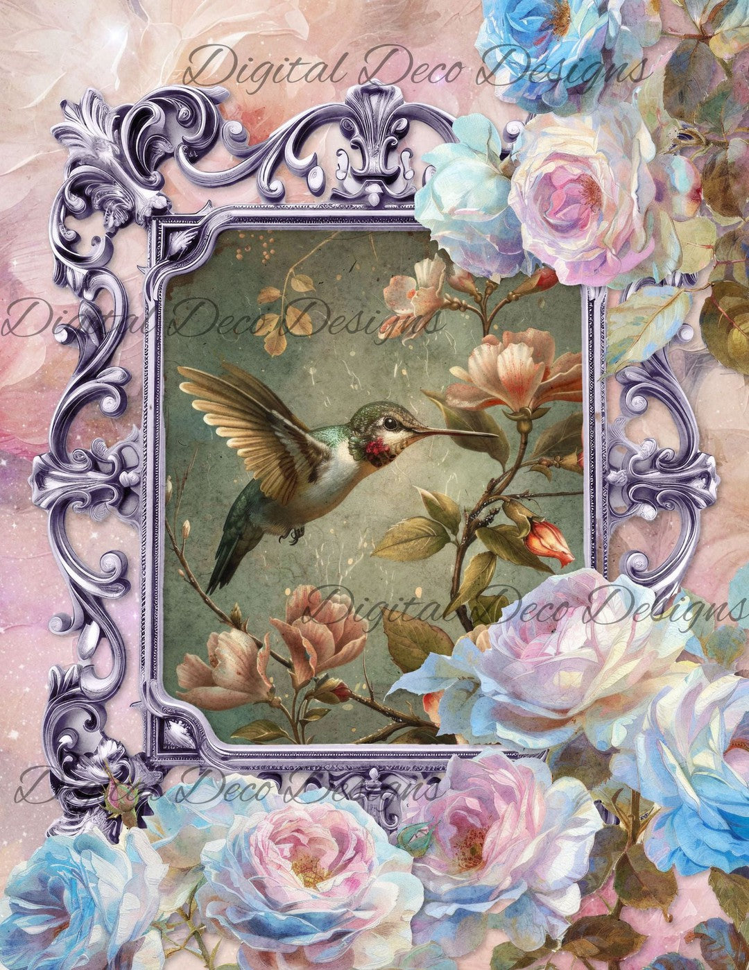 Dreamy Floral Hummingbird 8 (Print Only) (#H017)-Digital Deco Designs