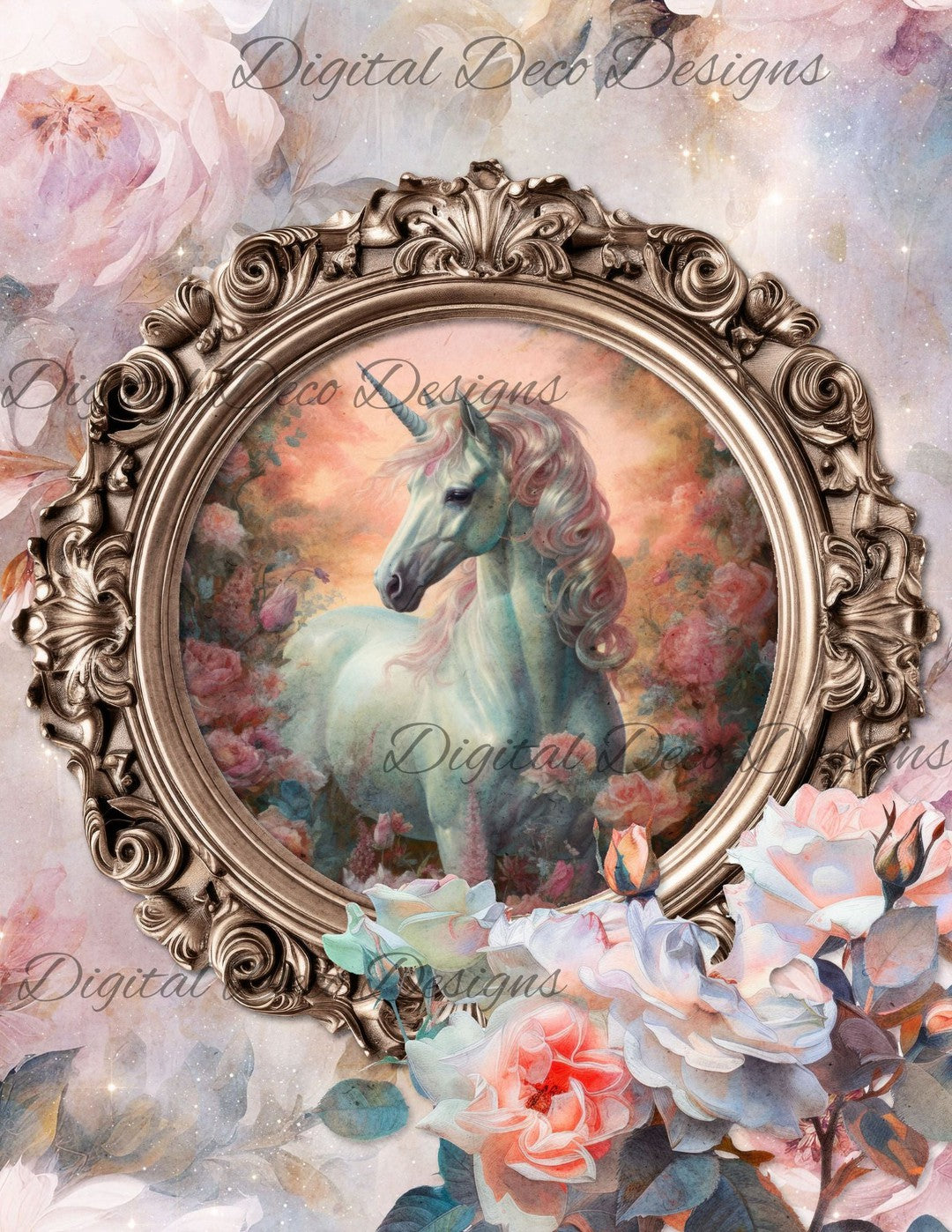 Dreamy Floral Unicorn 1 (Print Only) (#G082)-Decoupage Paper