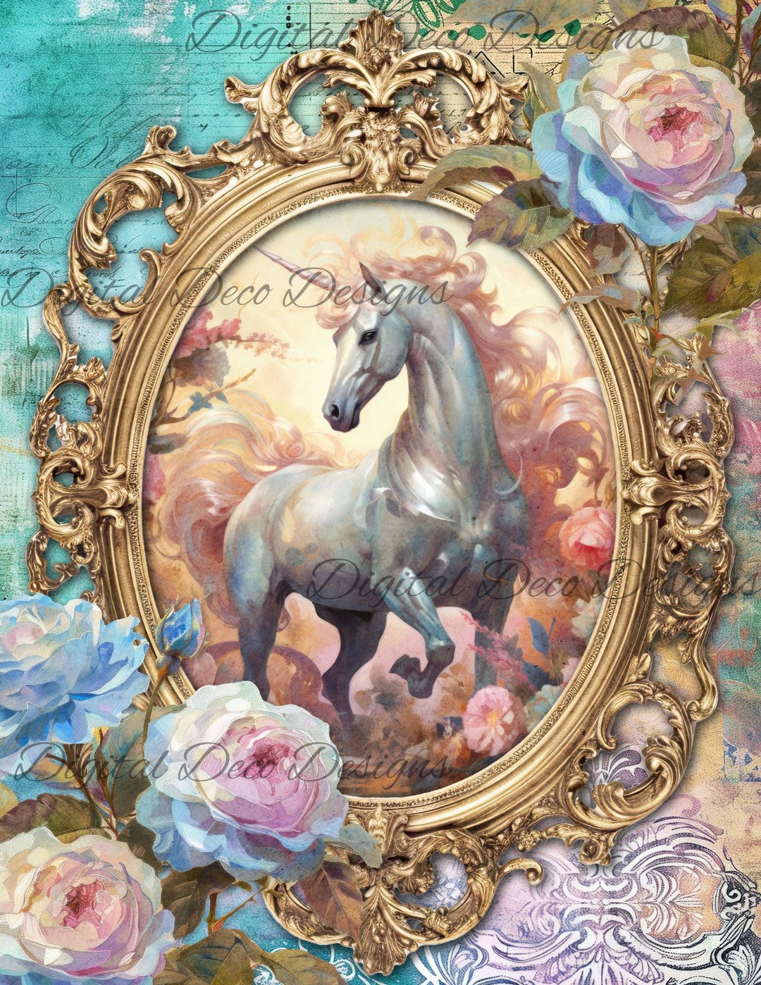 Dreamy Floral Unicorn 2 (Print Only) (#G083)-Digital Deco Designs
