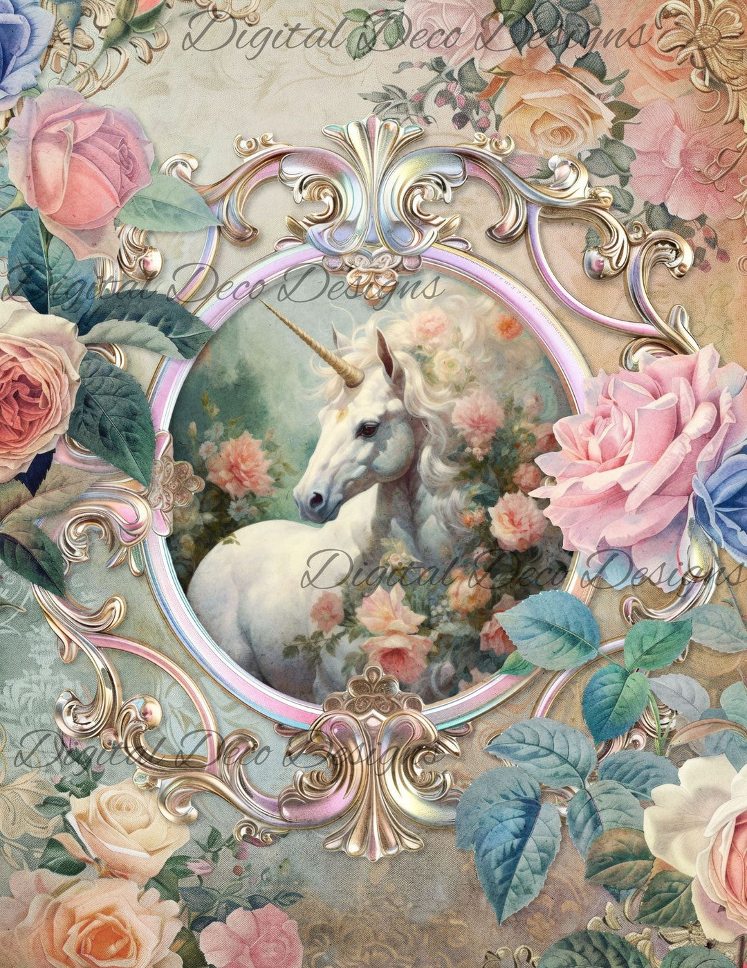 Dreamy Floral Unicorn 3 (Print Only) (#G054)-Decoupage Paper