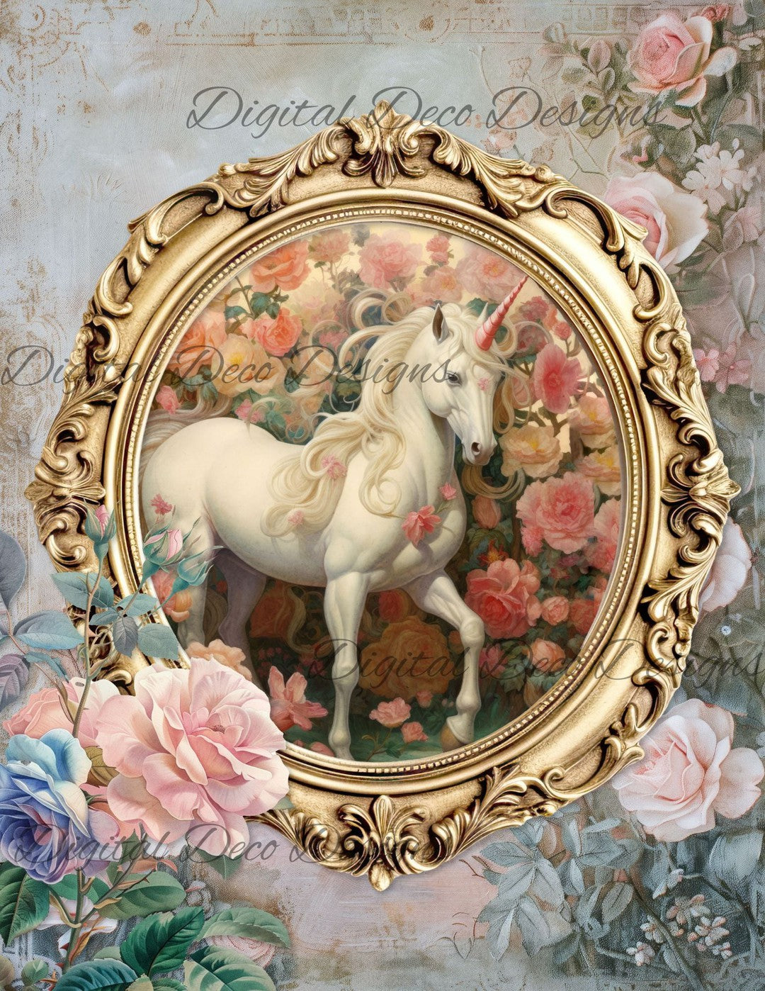 Dreamy Floral Unicorn 4 (Print Only) (#G055)-Digital Deco Designs