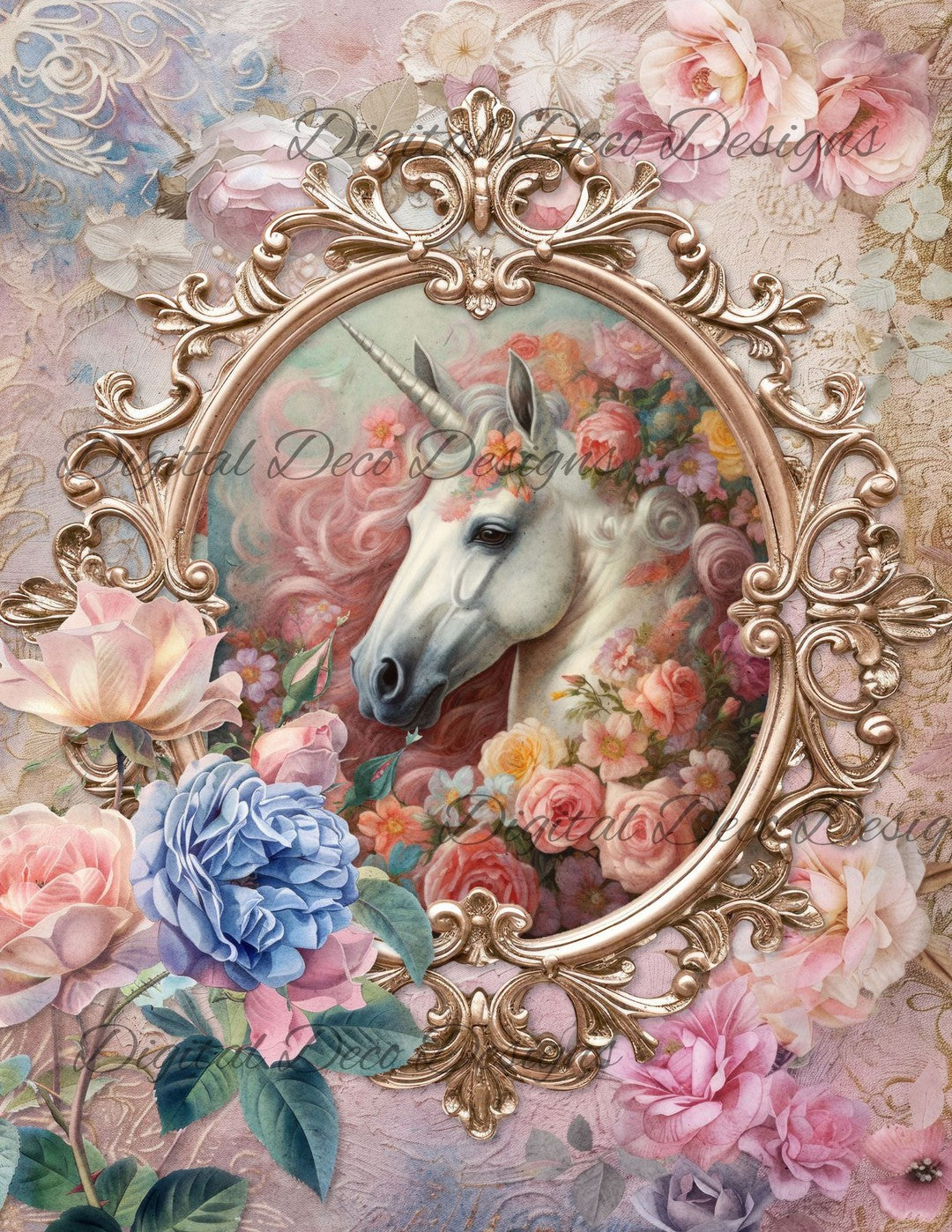 Dreamy Floral Unicorn 5 (Print Only) (#G056)-Decoupage Paper