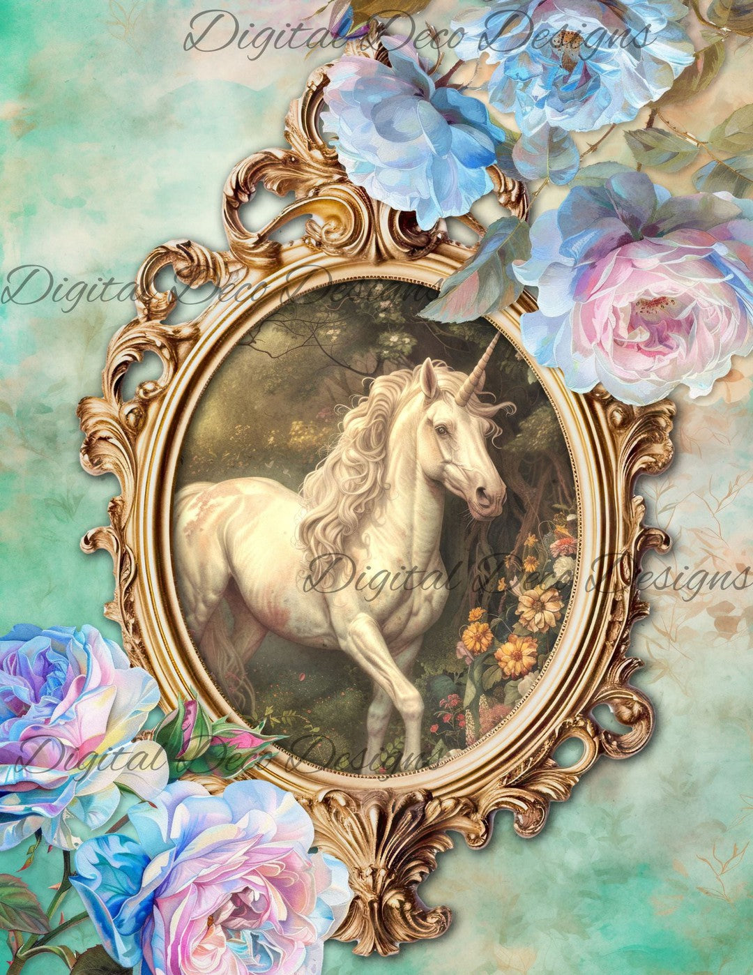 Dreamy Floral Unicorn 6 (Print Only) (#G057)-Digital Deco Designs