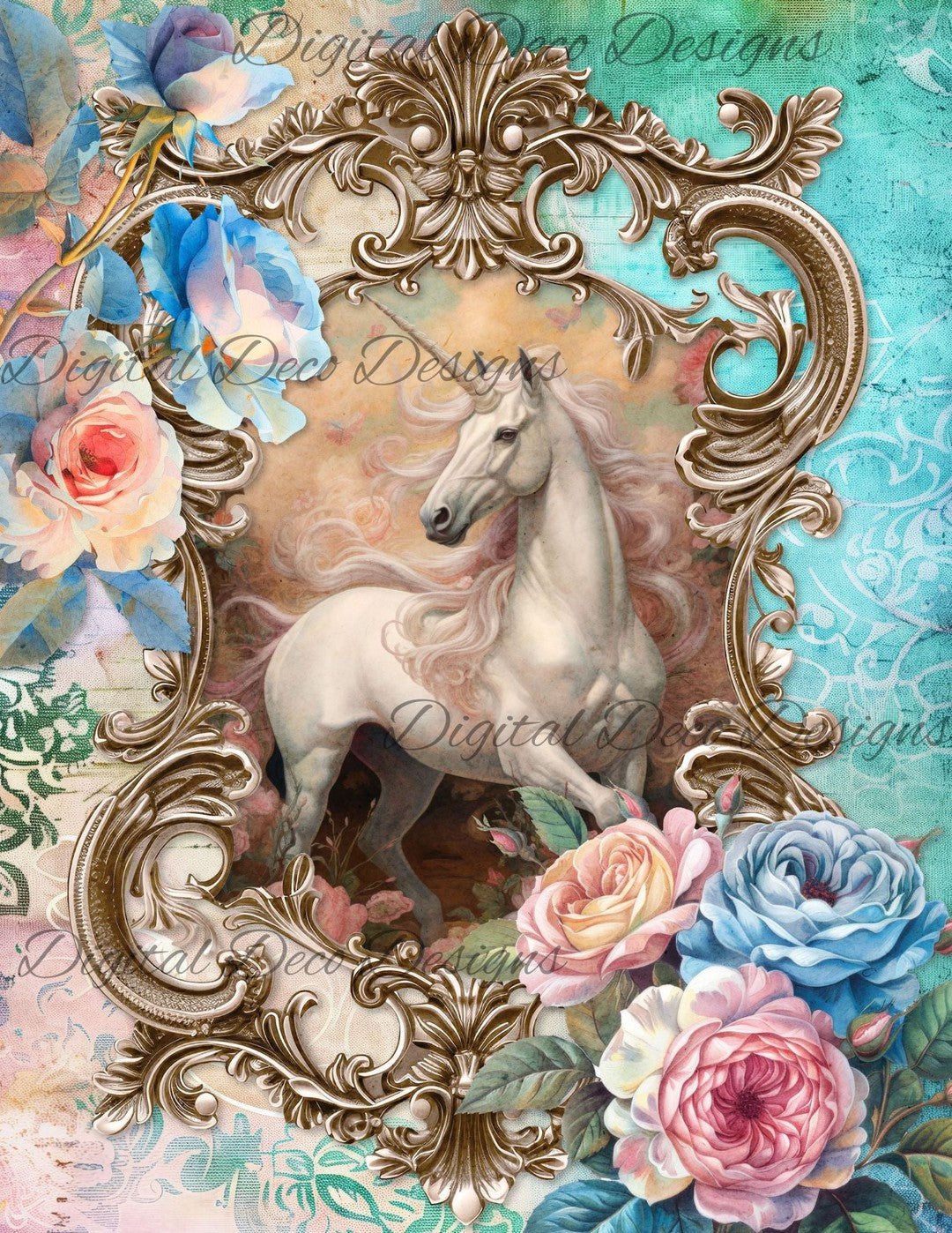 Dreamy Floral Unicorn 7 (Print Only) (#G084)-Decoupage Paper