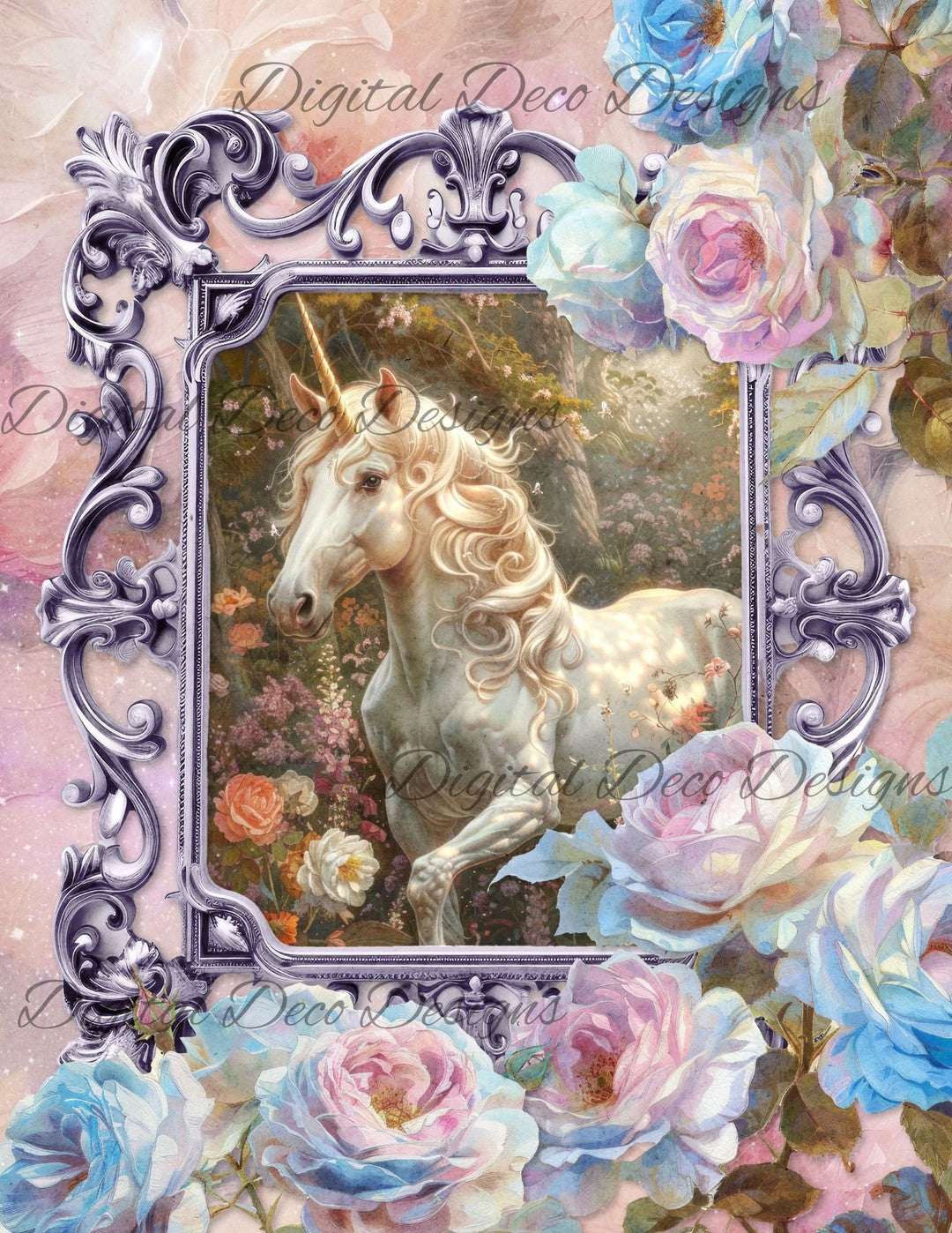 Dreamy Floral Unicorn 8 (Print Only) (#G085)-Decoupage Paper