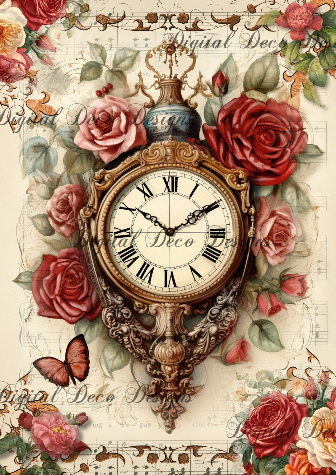 Lost Love Floral Victorian Clock (#C042)-Digital Deco Designs