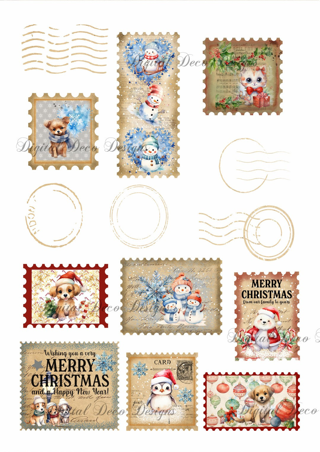 Classicly Cute Holiday Stamps Collage Sheet (#B001) - Digital Deco Designs classicly-cute-holiday-stamps-collage-sheet-b001-digital-deco-designs
