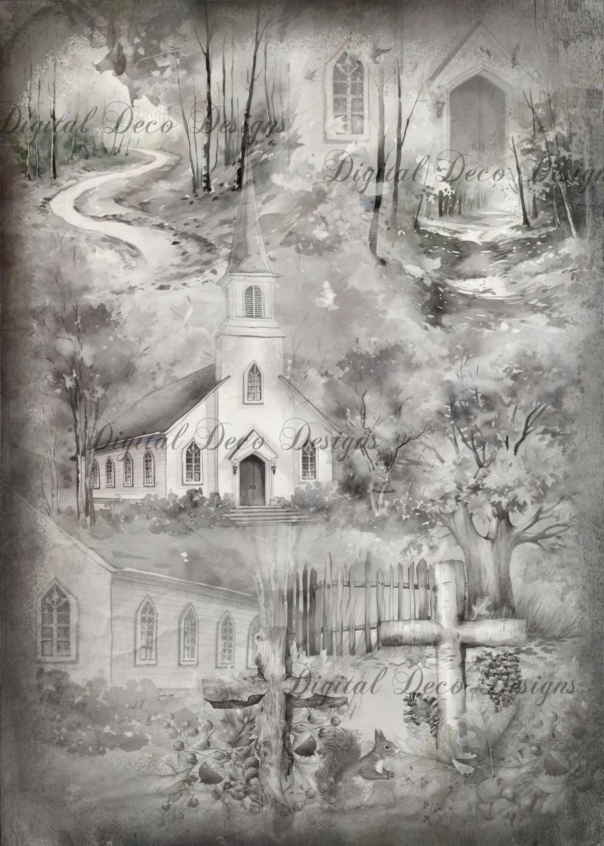 Hometown Church Black and White (#C007)-Digital Deco Designs