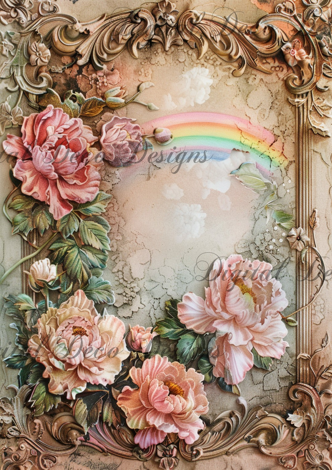 Ornate Floral Frame Rainbow Roses 1 (#G011)-Decoupage Paper