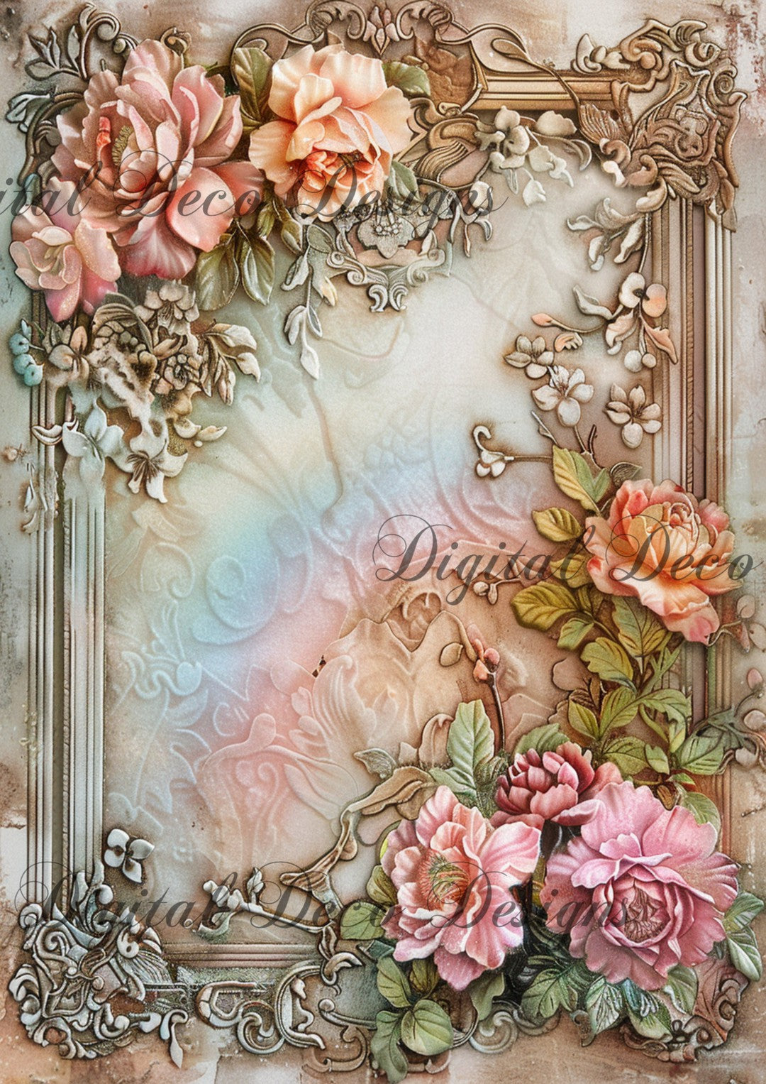 Ornate Floral Frame Rainbow Roses 2 (#G012)-Digital Deco Designs