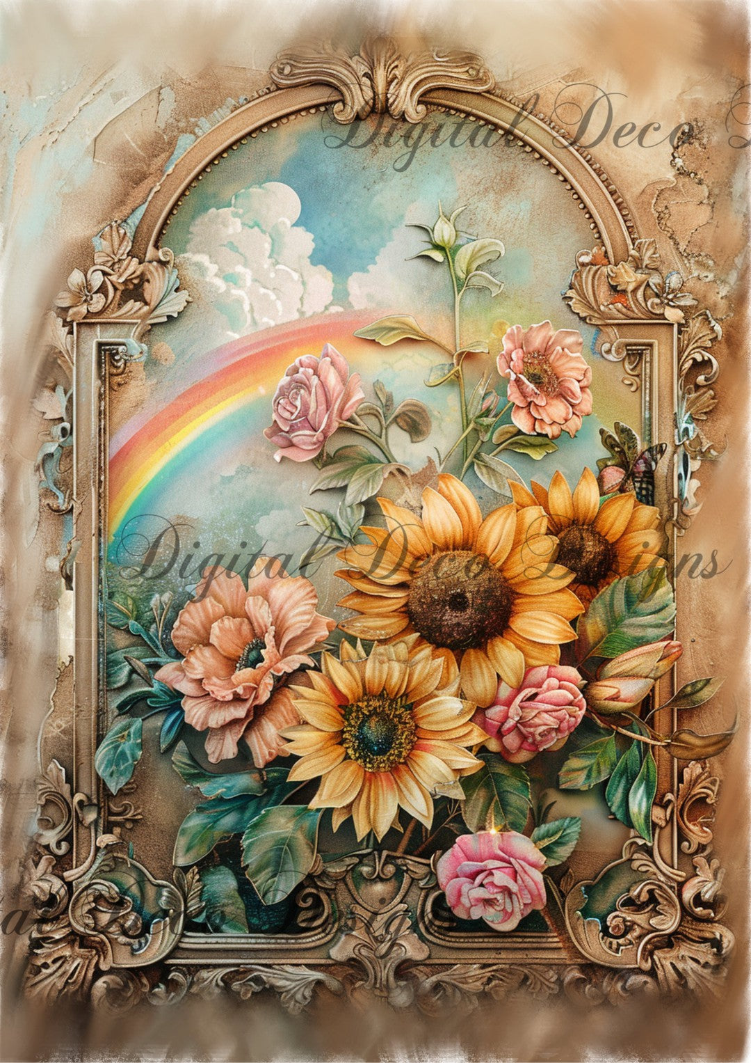 Ornate Floral Frame Rainbow Sunflowers 1 (#G013)-Digital Deco Designs
