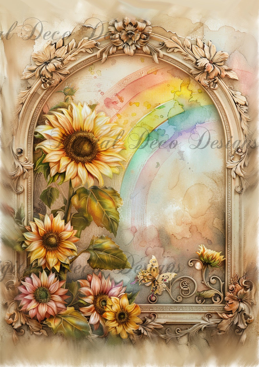 Ornate Floral Frame Rainbow Sunflowers 2 (#G014)-Decoupage Paper