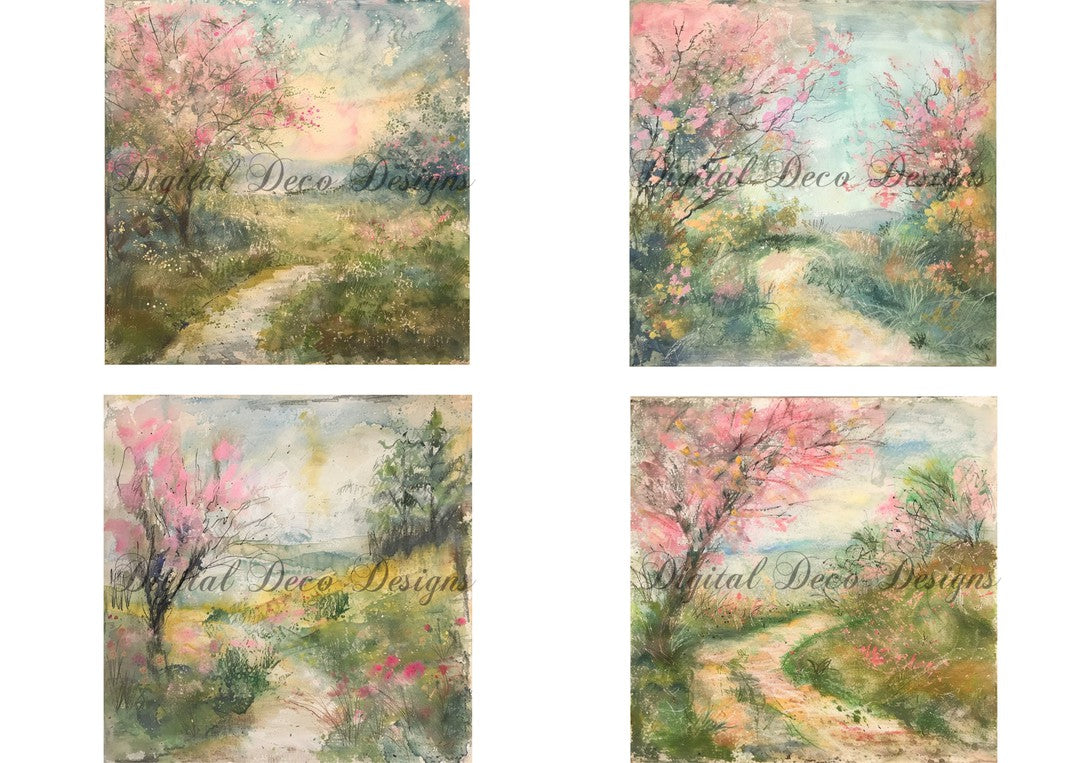 Pink Floral Landscapes Collage Sheet (#G020)-Decoupage Paper