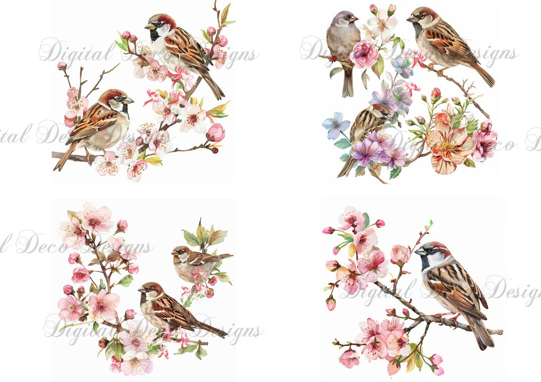 Pink Sparrows Collage Sheet (#G021)-Decoupage Paper