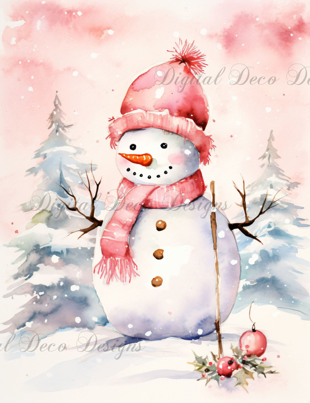 Pink Christmas Wonderland Snowman 10 (#H076)-Digital Deco Designs