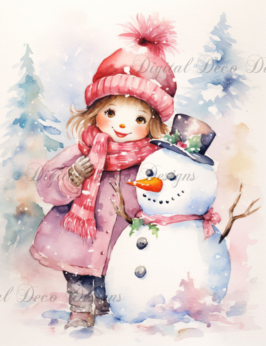 Pink Christmas Wonderland Snowman 12 (#H078)-Digital Deco Designs