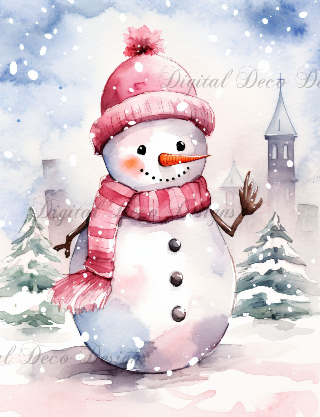 Pink Christmas Wonderland Snowman 5 (#H071)-Digital Deco Designs