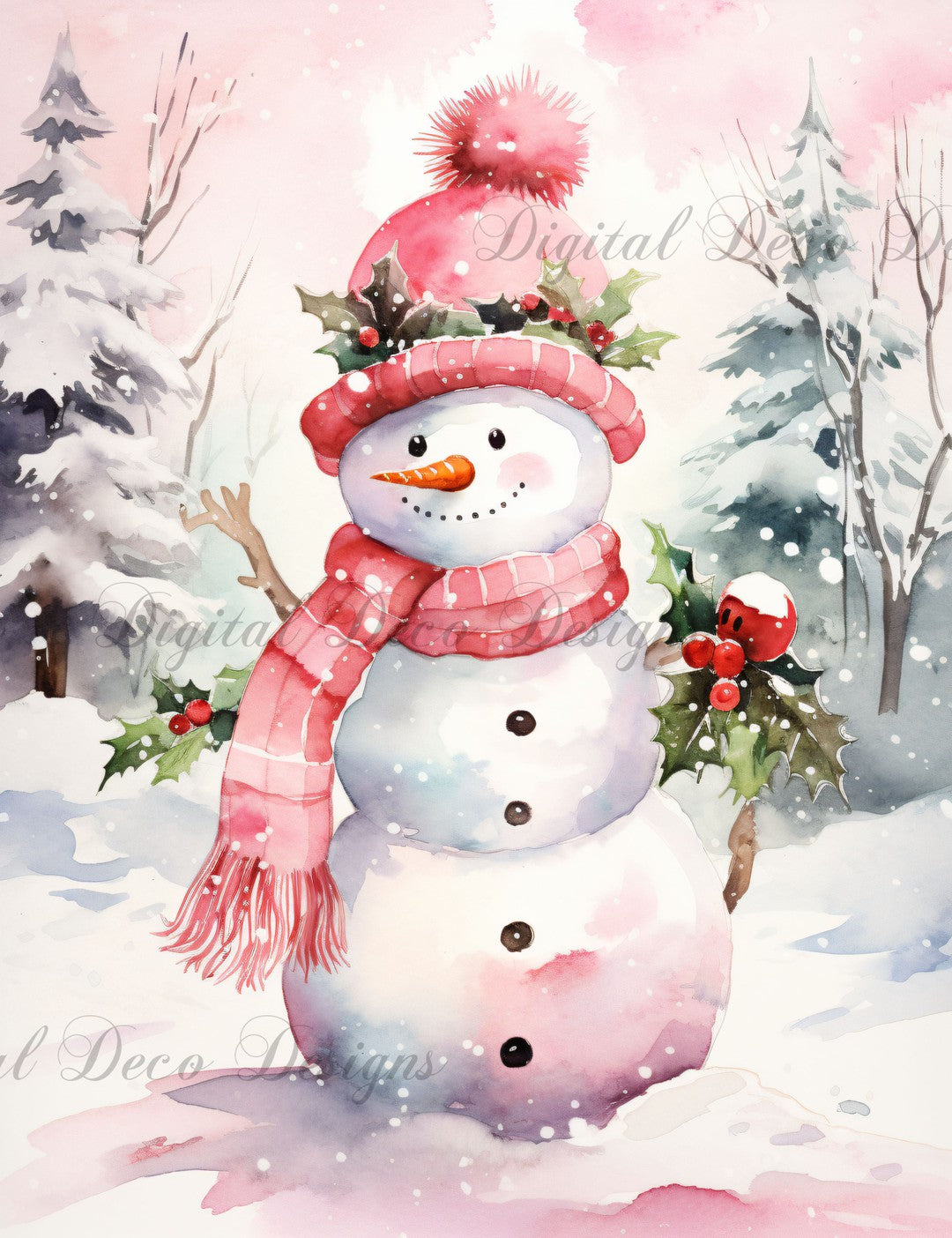 Pink Christmas Wonderland Snowman 7 (#H073)-Digital Deco Designs