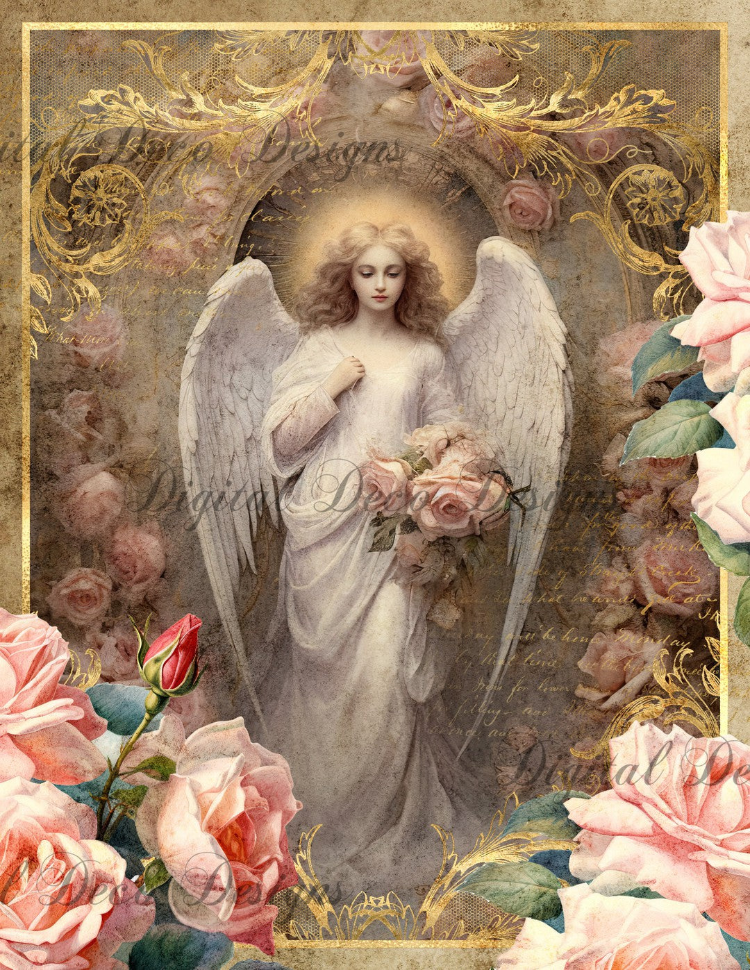 Pink and Gold Angel 3 (Print Only) (#D009)-Digital Deco Designs