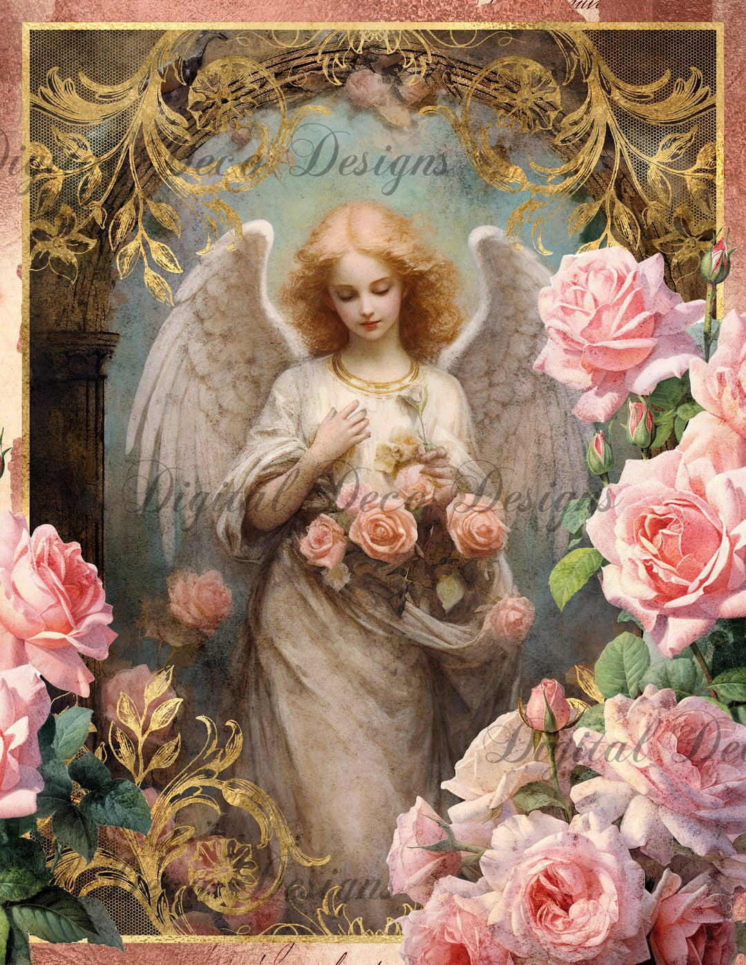 Pink and Gold Angel 4 (Print Only) (#D010)-Digital Deco Designs