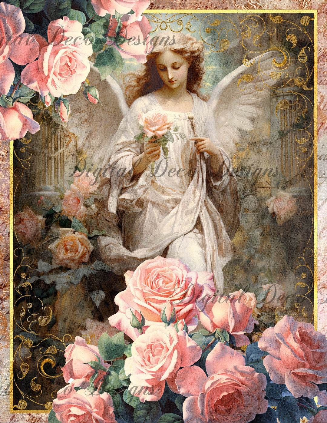 Pink and Gold Angel 5 (Print Only) (#D011)-Digital Deco Designs