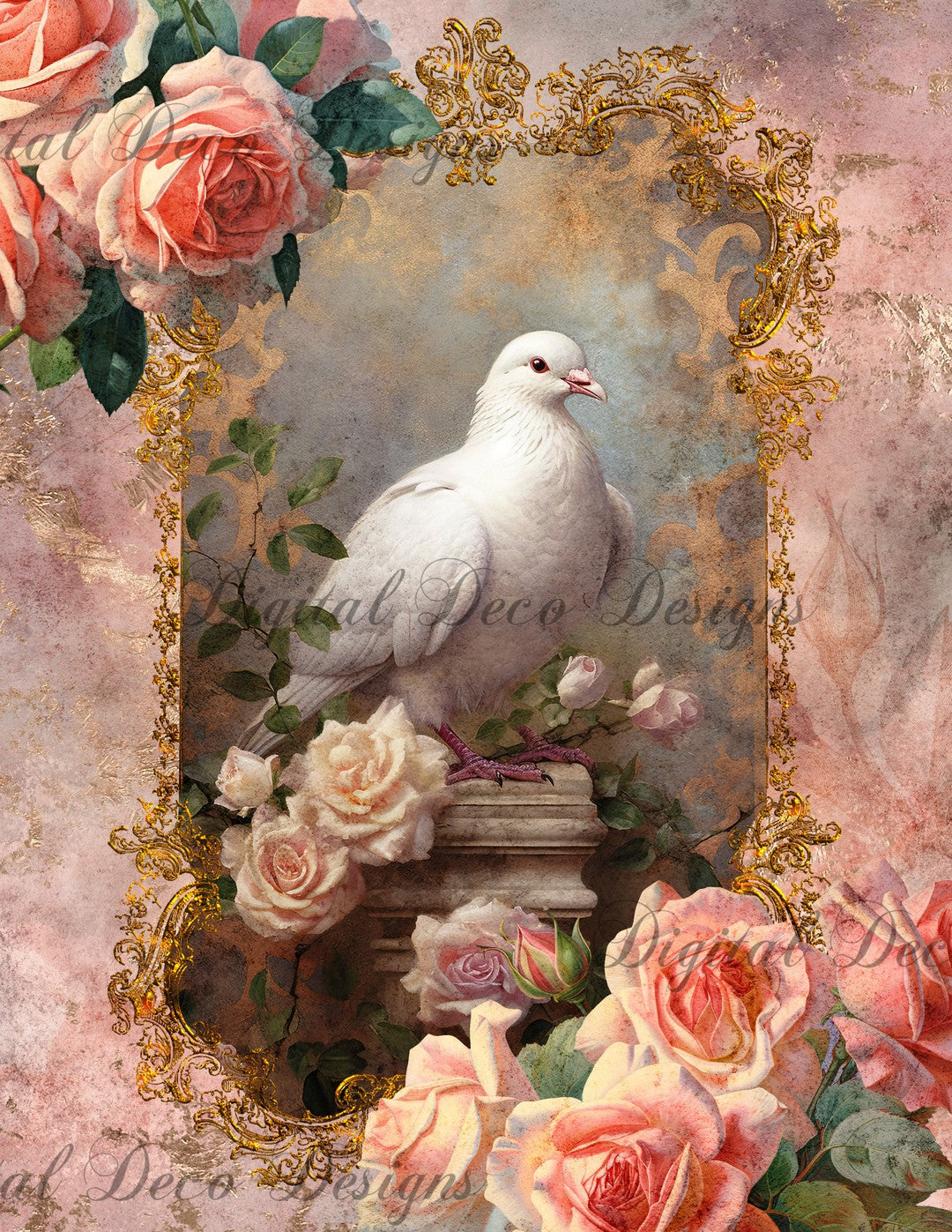 Pink and Gold Doves 1 (Print Only) (#D017)-Digital Deco Designs