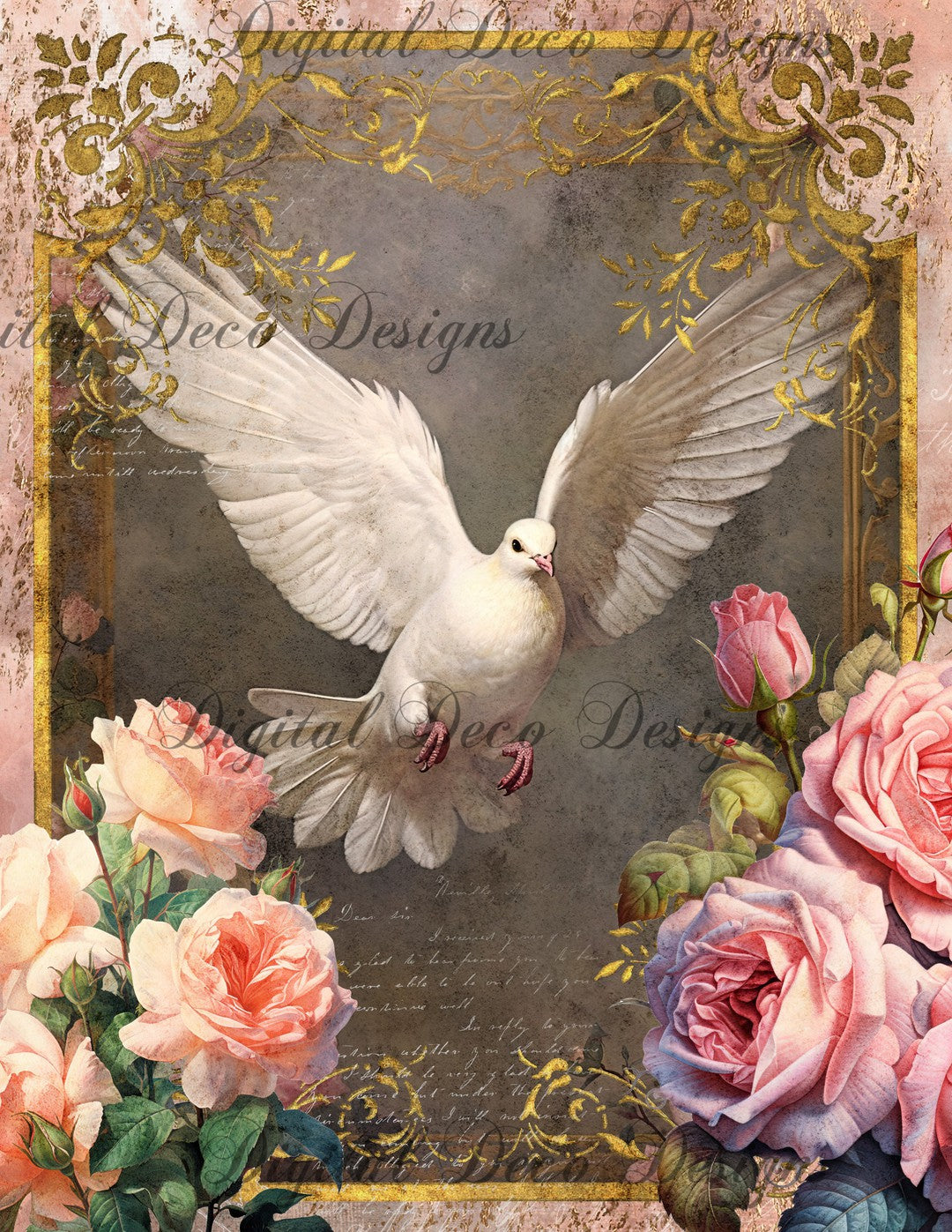 Pink and Gold Doves 2 (Print Only) (#D018)-Digital Deco Designs