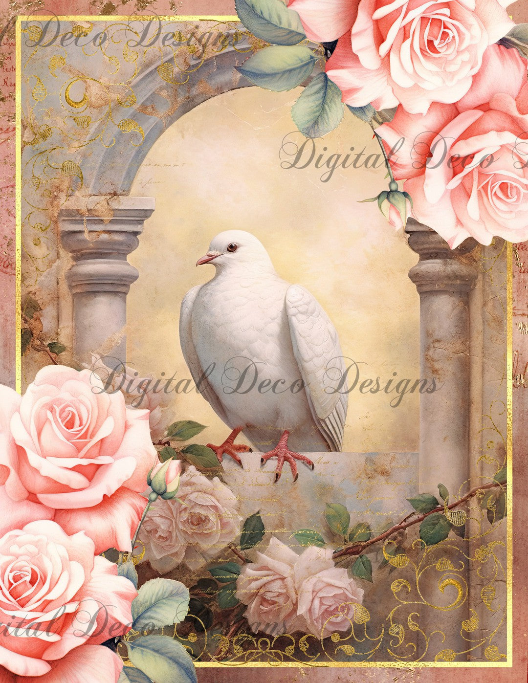 Pink and Gold Doves 3 (Print Only) (#D019)-Digital Deco Designs
