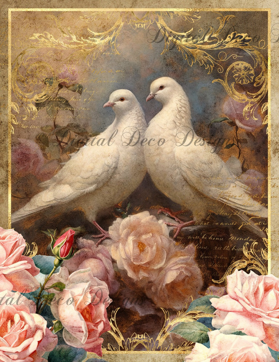 Pink and Gold Doves 4 (Print Only) (#D020)-Digital Deco Designs