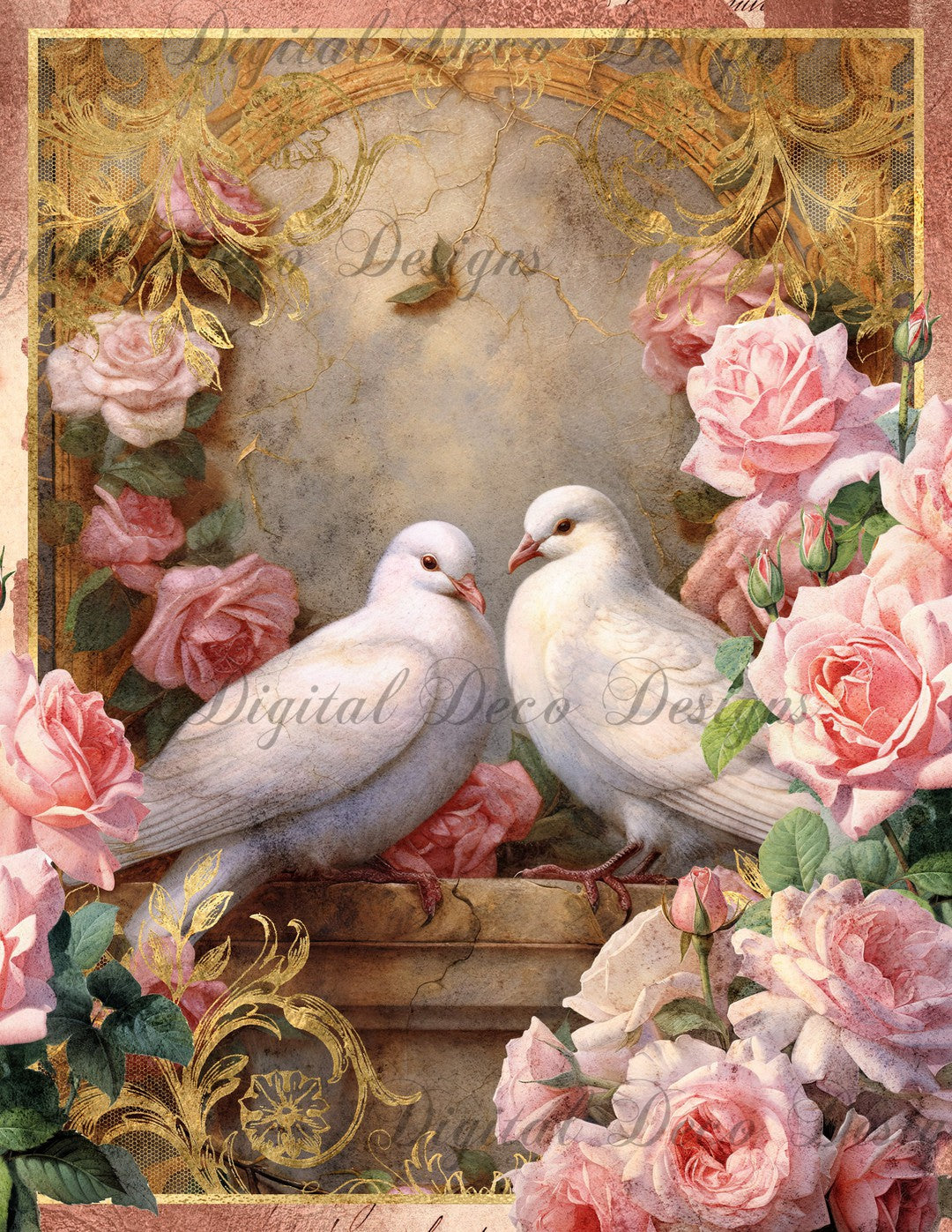 Pink and Gold Doves 5 (Print Only) (#D021)-Digital Deco Designs