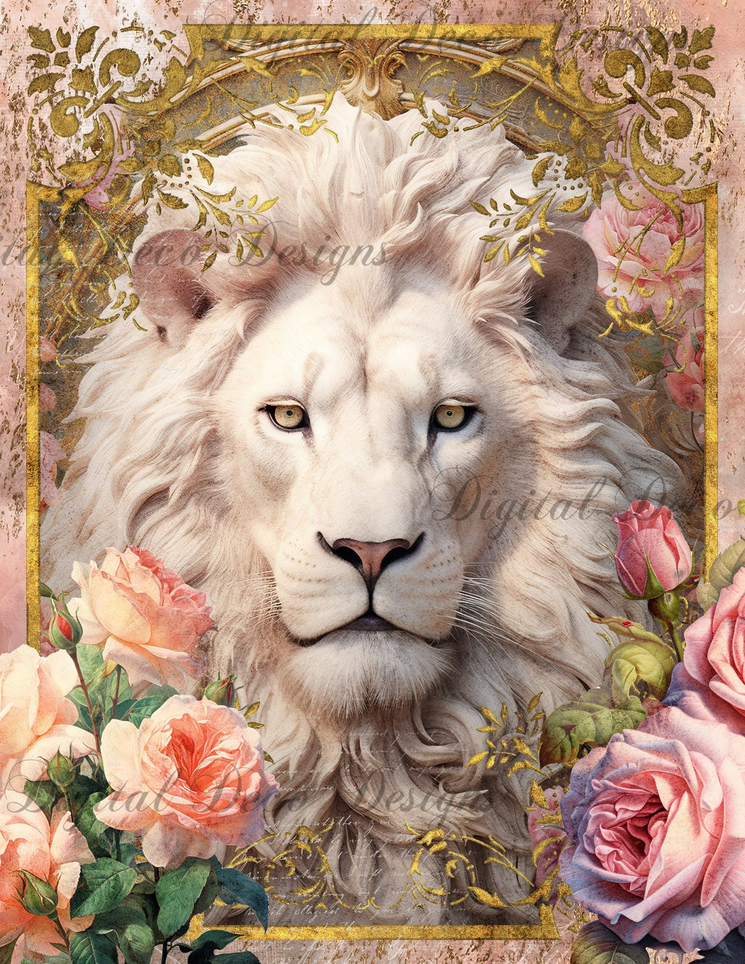 Pink and Gold Lion 1 (Print Only) (#D022)-Digital Deco Designs