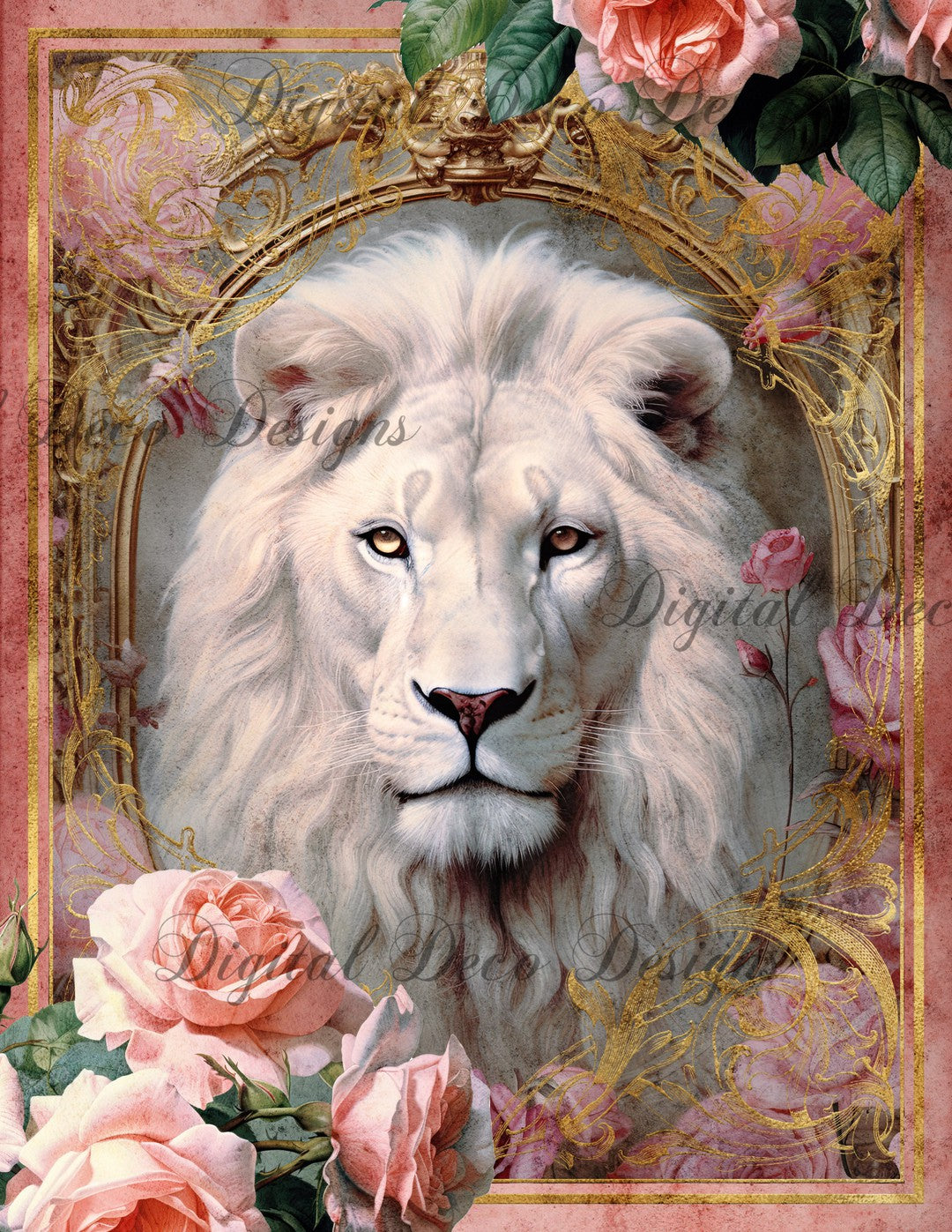 Pink and Gold Lion 2 (Print Only) (#D023)-Decoupage Paper