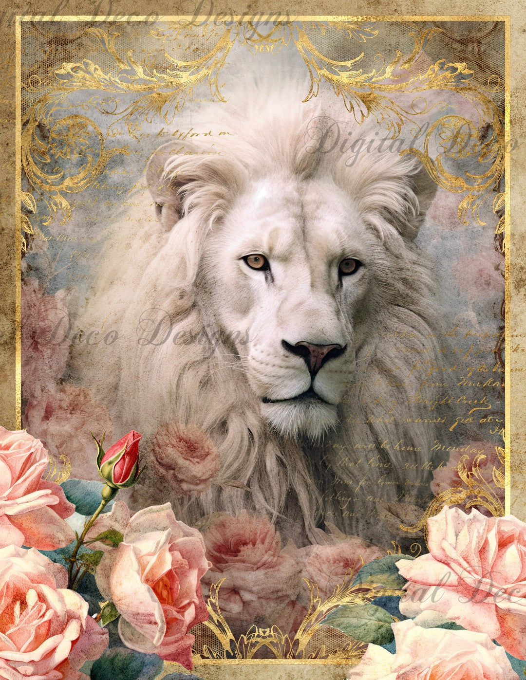 Pink and Gold Lion 3 (Print Only) (#D024)-Digital Deco Designs