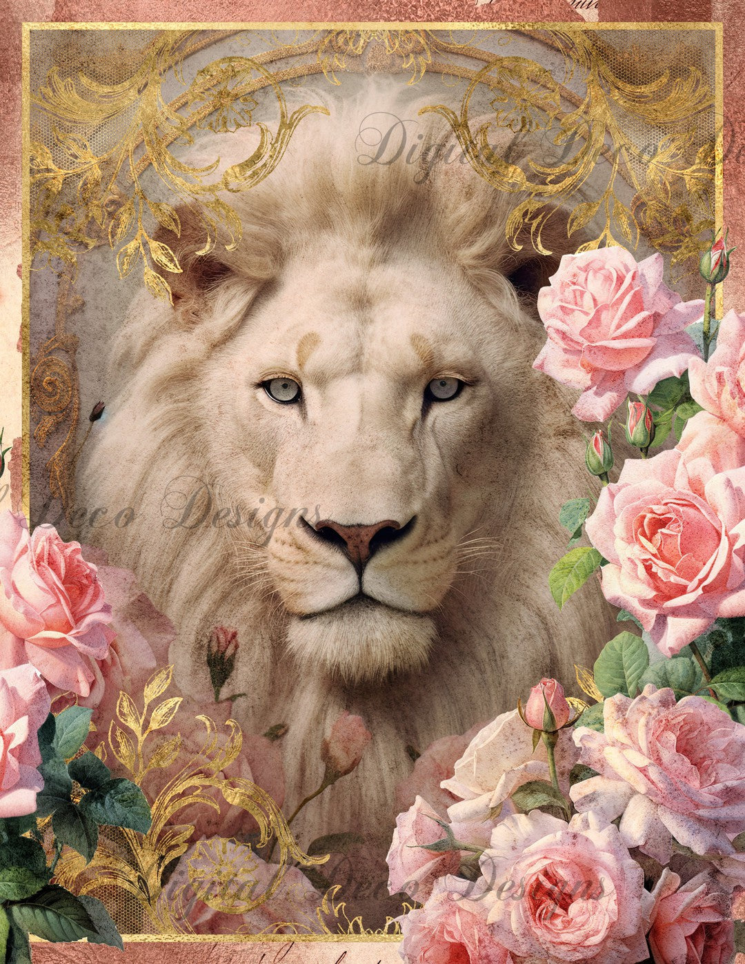 Pink and Gold Lion 4 (Print Only) (#D025)-Digital Deco Designs
