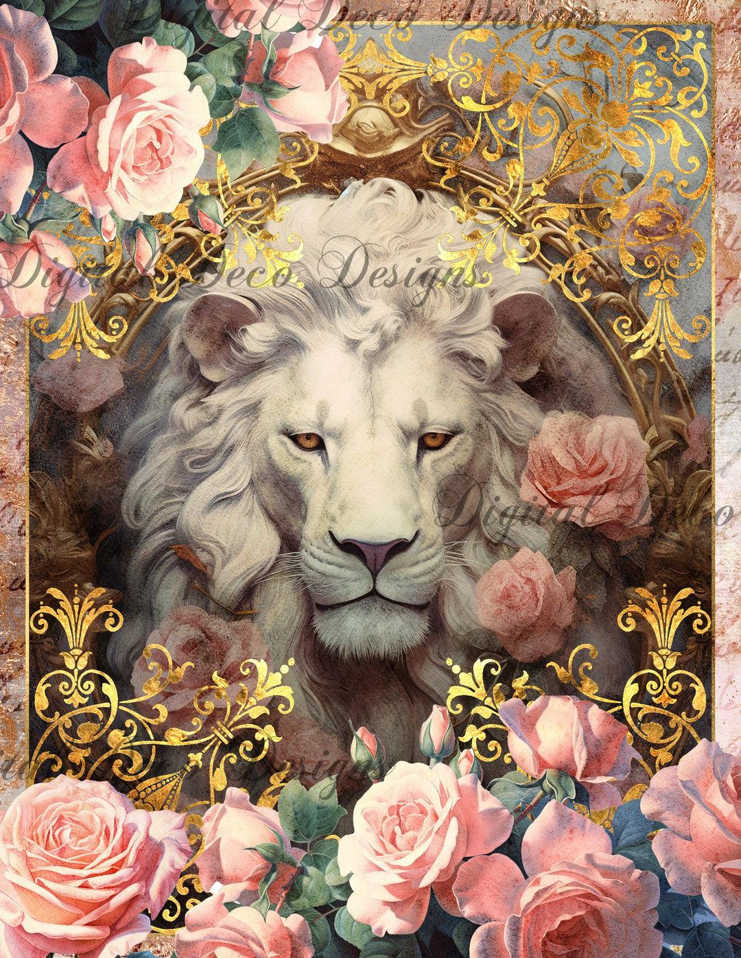 Pink and Gold Lion 5 (Print Only) (#D026)-Decoupage Paper